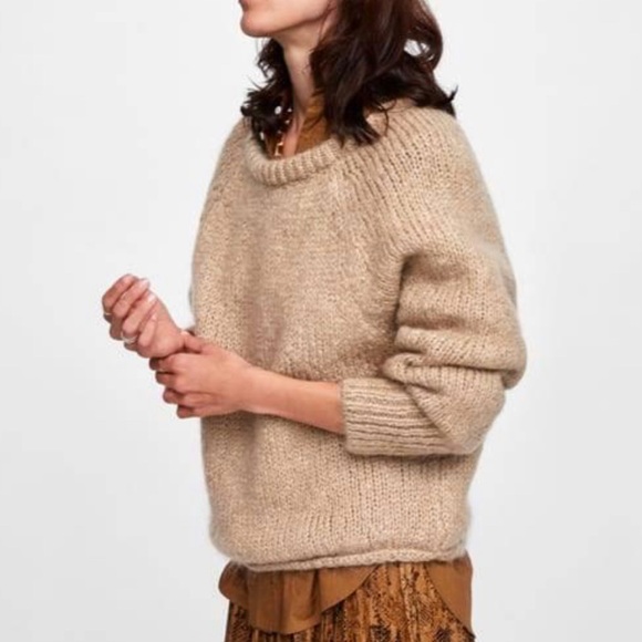 ZARA Chunky Open Knit Cropped Slouchy Boxy Sweater Round Neck Wool Mohair Blend - Picture 3 of 16